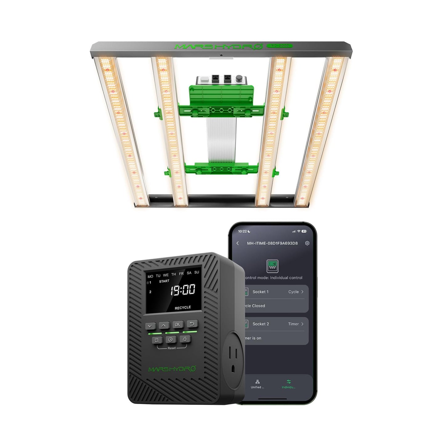 MARS HYDRO FC-E3000 LED Grow Light 300Watt and ITime 2-in-1 Smart Timer Outlet Dual Outlet App Control Custom Programmable 12 On/Off for Home Office and Plant Growth Use
