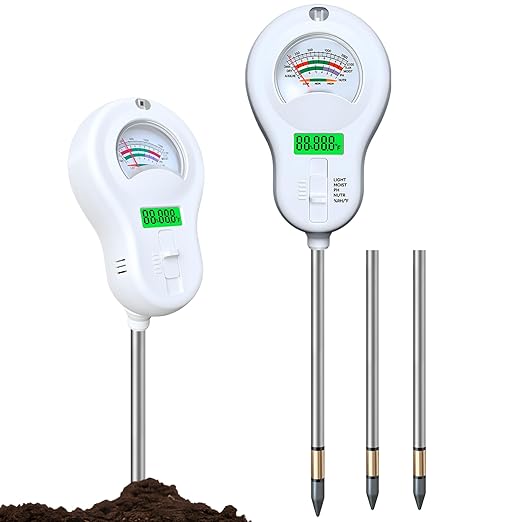 6-in-one Soil Test Kit-Soil Moisture Meter/PH Meter/Fertility/Sunlight Intensity Soil Tester, LCD Air Hygrometer&Temperature Moisture Meter for Plants-Garden, Lawn,Farm,3 Pack Detachable Probe