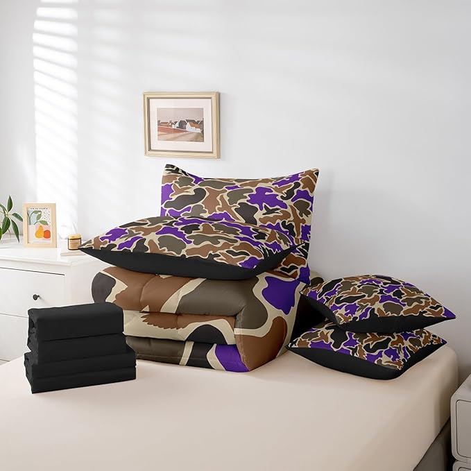 Feelyou Duck Hunter Purple Camouflage Hunting 7 Pieces Bedding Set, Queen Size Black Brown All Season,Bed in a Bag with Comforter, Sheets, Pillowcases Camo Army Bed Set Breathable Wild Room Decor