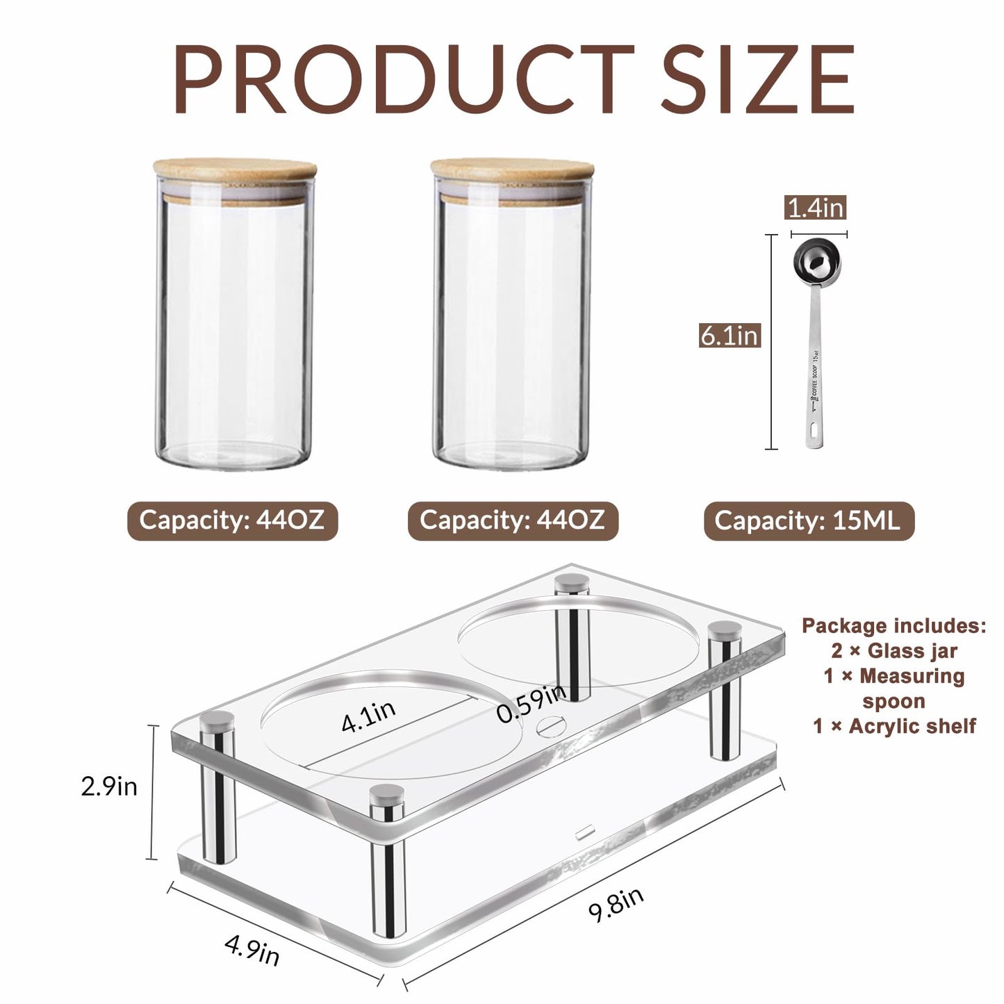 Pahdecor Glass Coffee Containers with Acrylic Shelf, 2pcs 44oz Food Storage Containers with Airtight Lids for Kitchen, Sugar, Nut, Tea