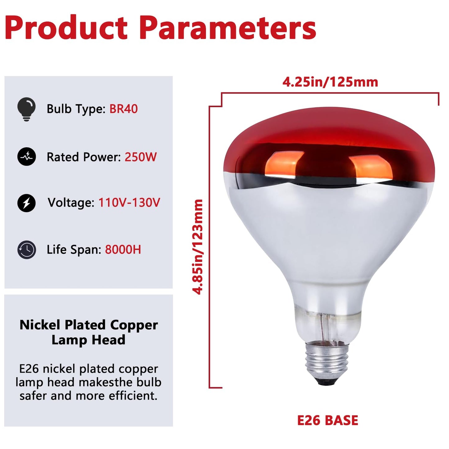 KOHEOPT 250W R40 Infrared Heat Lamp Bulb for Chicken Brooder, Pets, Reptiles, Bathroom & Sauna, E26 120V, 2000Hrs Red Light Therapy, 1-Pack