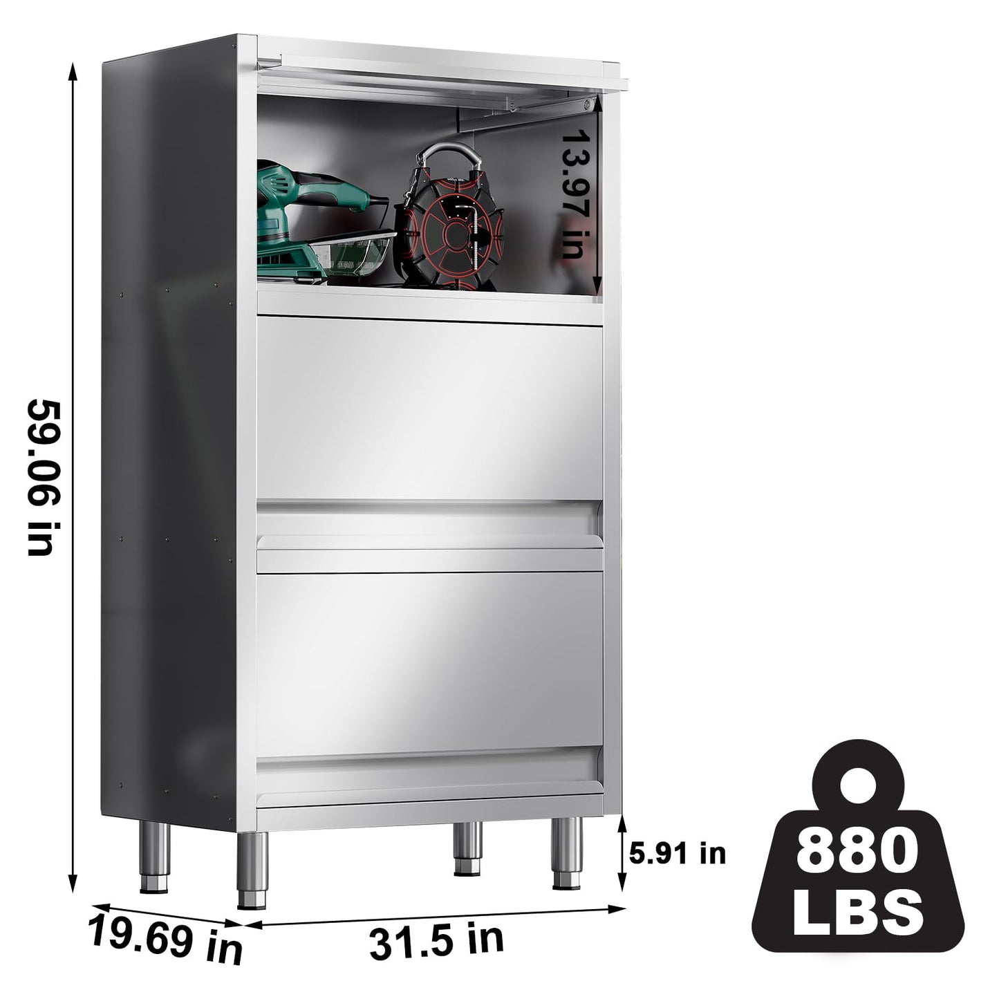EHONXI 3-Tier Stainless Steel Storage Cabinet, Freestanding Commercial Kitchen Cabinet with Flip-up Doors, Heavy Duty Garage Storage Rack for Warehouse Shop, 19.69" D x 31.5" W x 59.06" H