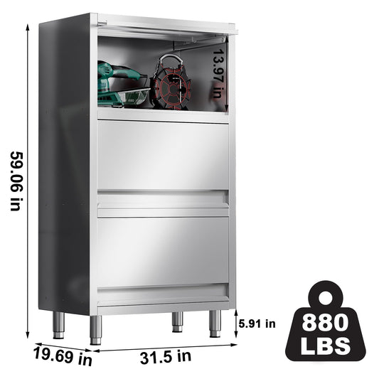 EHONXI 3-Tier Stainless Steel Storage Cabinet, Freestanding Commercial Kitchen Cabinet with Flip-up Doors, Heavy Duty Garage Storage Rack for Warehouse Shop, 19.69" D x 31.5" W x 59.06" H