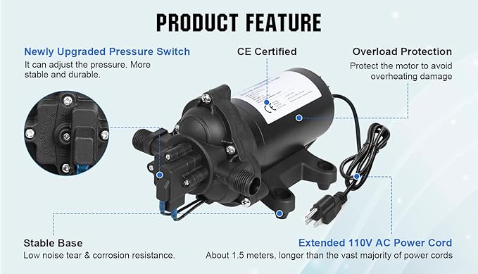 ECO-WORTHY 33-Series Water Pressure Diaphragm Pump Industrial 110V AC 4.0GPM Flow 50PSI Rated Pressure Self Priming RV Fresh Water Pump for Camper Kitchen Bathroom Marine Yacht Caravan