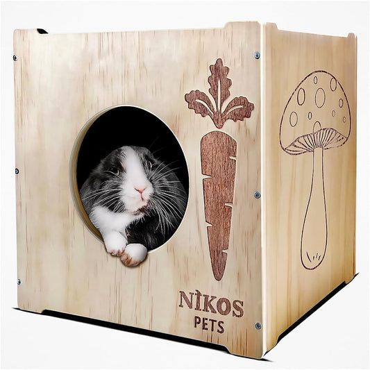 NIKOS PETS - Wooden Rabbit Hideout, Rabbit Bed, Indoor Hutch, Bunny House Pet for Bunnies, Guinea Pigs, Outdoor Shelter Hut, Small Animal Hideaway, Bunny Playground (12.5 x 12.5 in)