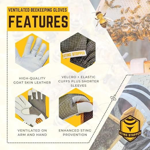 Sting Stopper Beekeeping Gloves, Ventilated Goat Skin Bee Gloves for Beekeepers, Sting Proof Bee Keeping Gear, Short Cuff Easy Fit, Protective Gloves for Apiary Work | Olive Green, Medium