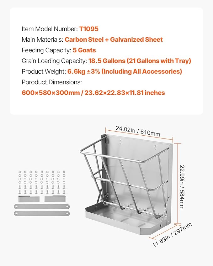 VEVOR Wall Mounted Hay Rack, 18.5 Gallon Livestock Feeder with 2.5 Gallon Feed Tray, 2 in 1 Hay and Grain Feeder, Feeds up to 5 Goats, Heavy-Duty Galvanized Steel Goat Feeders for Farm Sheep Horses