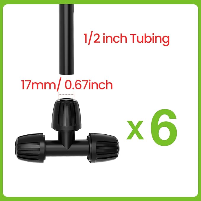 Bonviee 6 Pack 1/2 Inch Drip Irrigation Tee Connectors, Barbed Lock Fittings for 1/2” Tubing, Leak-Proof 3-Way Coupler for Garden Hose, Drip System Repair & Extension