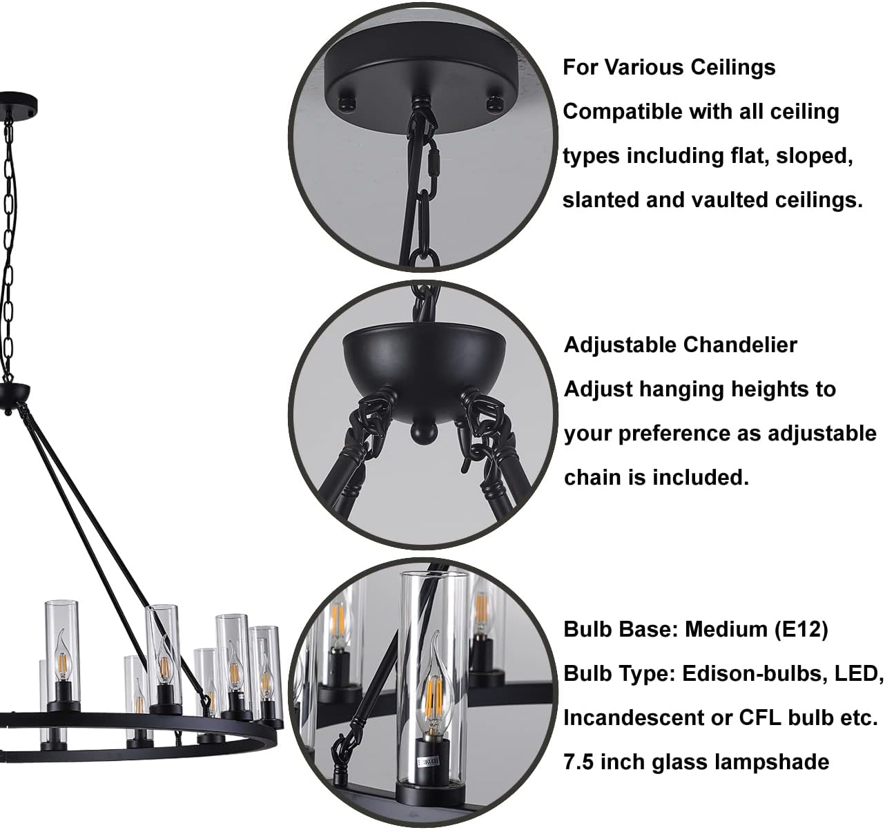 Uboxin Rustic Industrial Farmhouse 16-Light Chandelier Black Metal Wheel Round Pendant Ceiling Light Fixture with Clear Glass Shades Vintage Lighting for Dining Room Living Room Modern Home Lighting