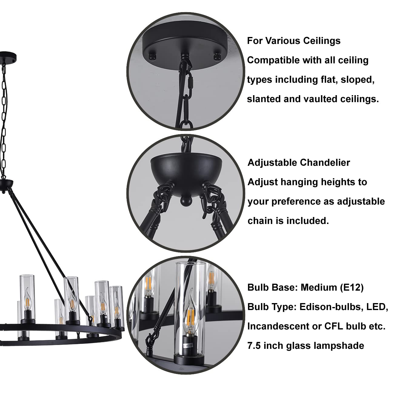 Uboxin Rustic Industrial Farmhouse 16-Light Chandelier Black Metal Wheel Round Pendant Ceiling Light Fixture with Clear Glass Shades Vintage Lighting for Dining Room Living Room Modern Home Lighting