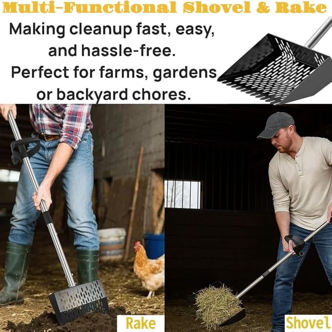 Chicken Shovel Poop Scooper & Rake 2-in-1,Metal Coop Scoop for Sand with 24"–63.7" Adjustable Stainless Steel Handle,Ergonomic Grip Litter Sifting Shovel for Pooper Cleaning,Farm&Poultry
