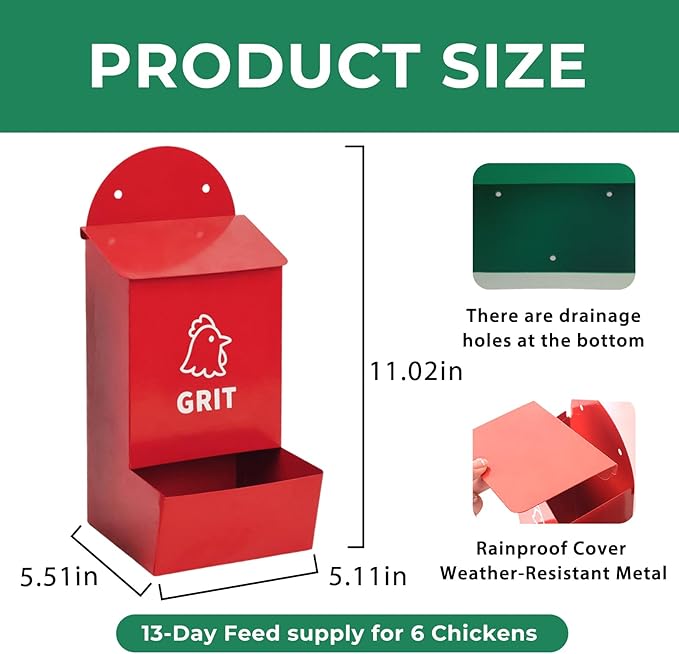 Wall Mounted Chicken Grit and Oyster Shell Feeder Set, Heavy Duty Metal Poultry Accessories with Dual Compartments, Rustproof Hanging Feed Dispensers for Coop or Fence