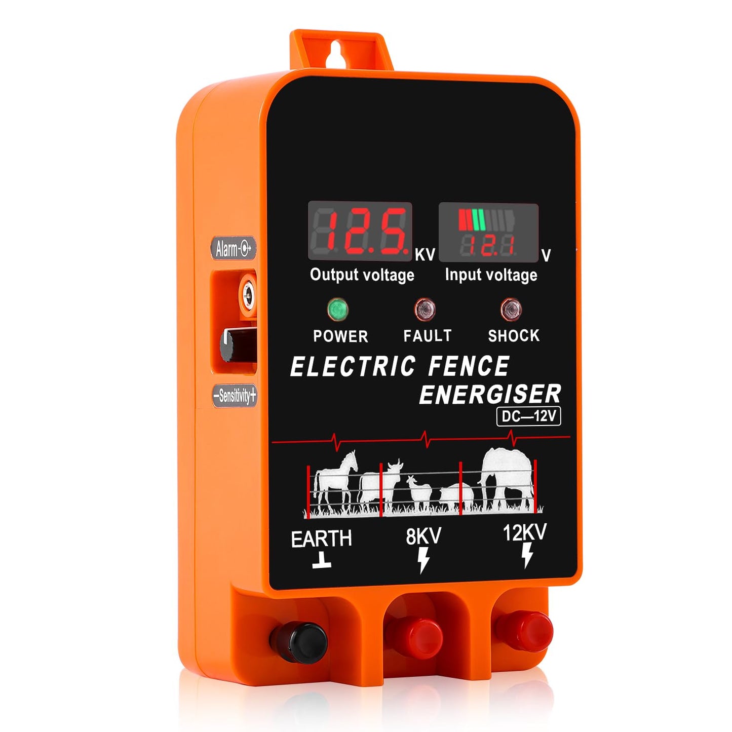 5.5J Electric Fence Charger Energizer, 5.5 Joules 10 Miles, AC DC 2 in 1 Powered Supply, Input 12V Output 8 KV or 12KV, with Display and Alarm, Contain Cattle Cow and Livestock, No Remote