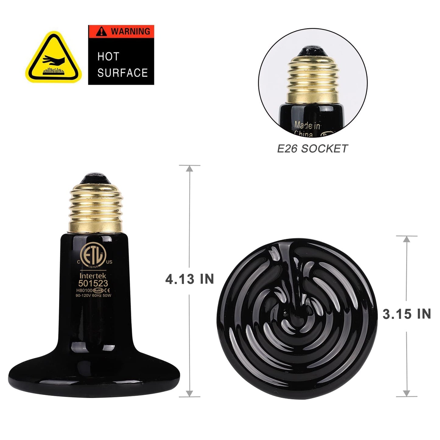 WUHOSTAM 50W 2 Pack Ceramic Heat Lamp,Black Infrared Bulb Emitter Lamp for Pet Coop Heater Reptile Chicken Lizard Turtle Brooder Bulb Temperature Adjustable No Harm No Light ETL Listed