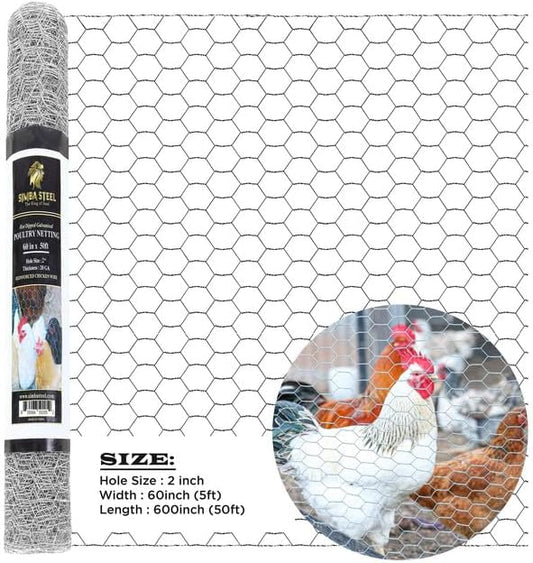 Chicken Wire 60 in x 50 FT x 2” Mesh x 20GA | Poultry Wire Netting | Hot Dipped Galvanised | Hexagonal Galvanized Mesh for Chicken Coop, Rabbit Cage, Fence Barrier PM60x50x2