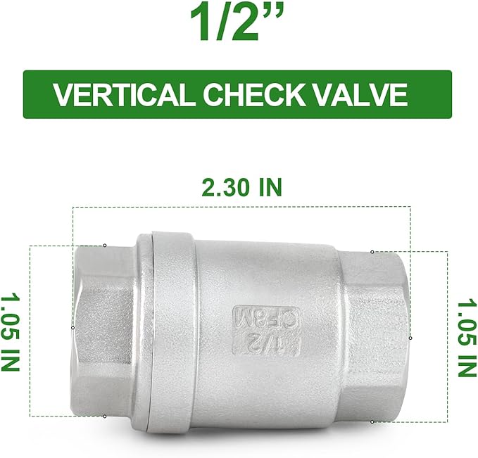 TAISHER 2PCS 304 Stainless Steel 1/2" Female Vertical Check Valve，Backflow Prevention, One Way Spring Check Valves CF8 WOG 1000