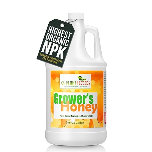 Grower's Honey Exceptional Growth with 100% Plant-Based Vegan Liquid Fertilizer - Organic Nutrient Boost 4-3-3 NPK Enhanced Photosynthesis Drought Tolerance All-Natural - Up to one Acre - One Gallon