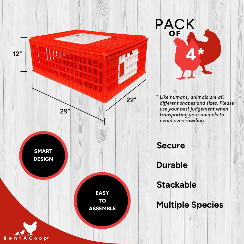RentACoop Stackable Poultry Carrier Crate (Pack of 4) 29" L x 22" W x 12" H for Chickens