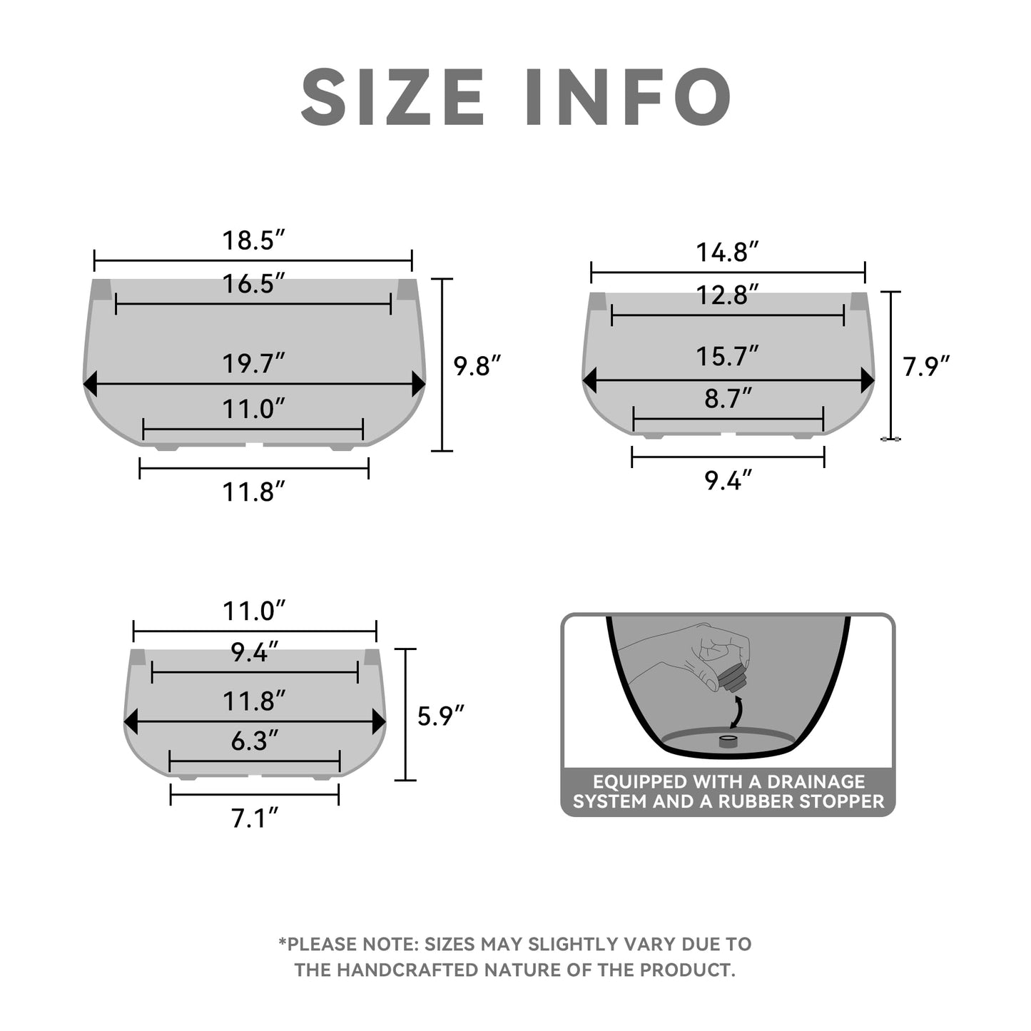 Kante 19.6",15.7",11.8" Dia Round Concrete Planters Set of 3, Outdoor Indoor Large Plant Pots with Drainage Hole, Modern Curvaceous Design, Weathered Concrete