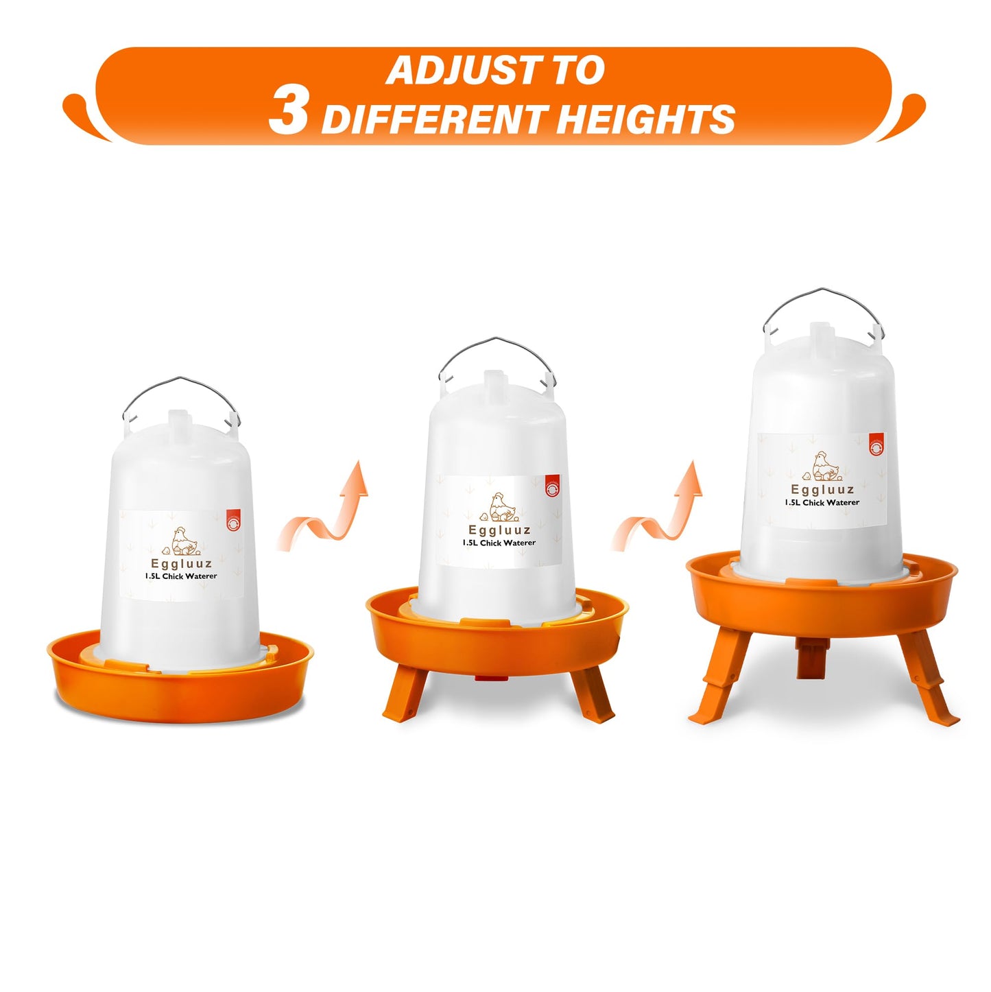 Eggluuz Chick Feeder and Waterer Kit Automatic Chicken Feeder and Waterer Set, 1L Chick Feeder and 1.5L Chick Waterer with 3 Heights Adjustable Legs