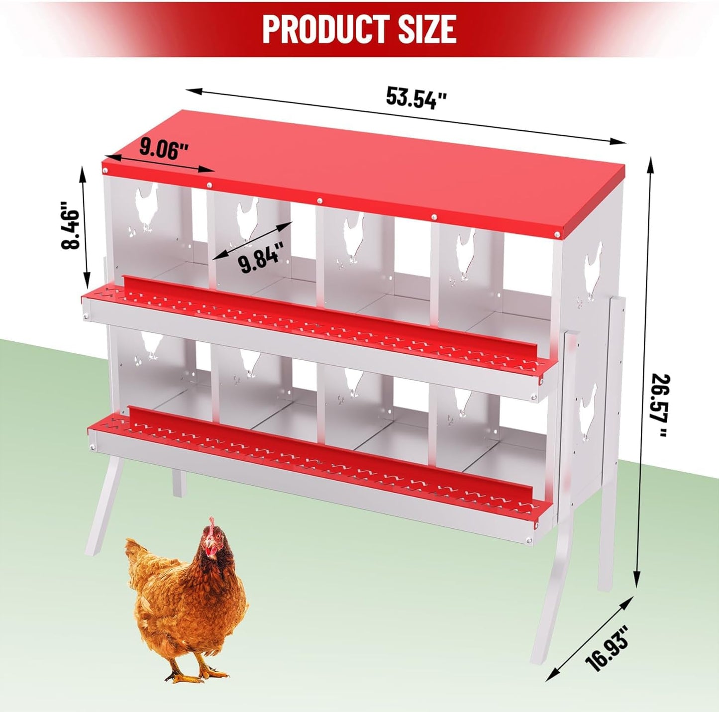 Chicken Nesting Boxes, 8-Hole Metal Nesting Box with Perch & Roll-Away Egg Design – Wall Mount or Freestanding Laying Box for Hens, Ducks, Quail (Heavy-Duty Galvanized Steel),Red. 1