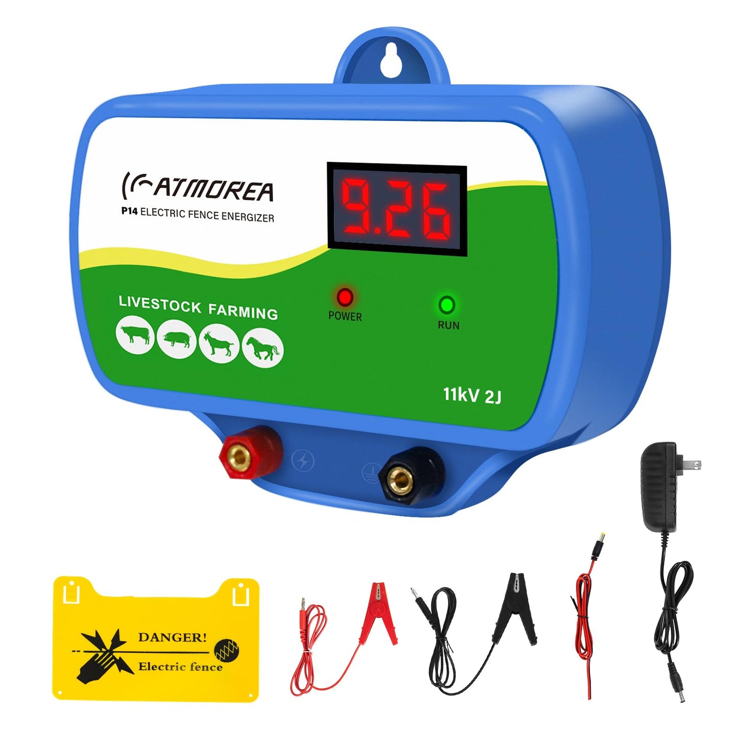 ATMOREA Electric Fence Charger 11kV Powerful Energizer ，2 Joules Energy Output with LED Display - Multi-Powered Ideal for Livestock, Pet, Poultry, Gardens, Orchards Protection