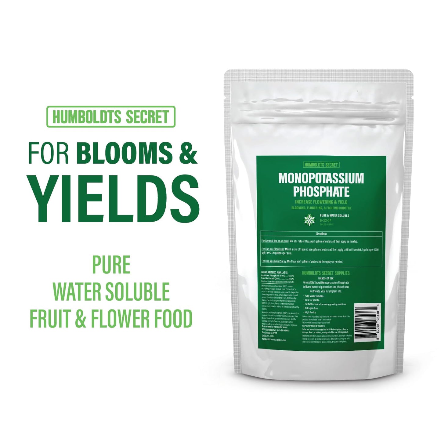 Humboldts Secret Monopotassium Phosphate 0-52-34 | MKP Fertilizer Bloom Booster for Flowers, Fruits & Vegetables | High Purity Water Soluble Phosphorus and Potassium Plant Food | 5 lb