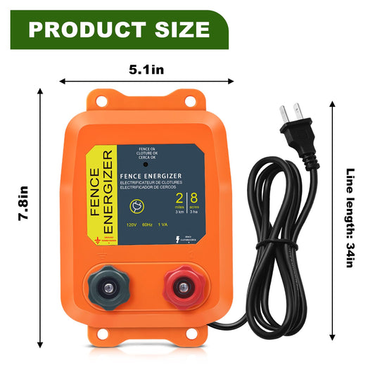 PE2 Electric Fence Energizer, 2-Mile/ 8 Acres Electric Fence Charger,0.1 Joule Livestock Fence Chargers for Containing Dogs, Livestock and Preventing Wild Animals Intruding,Orange