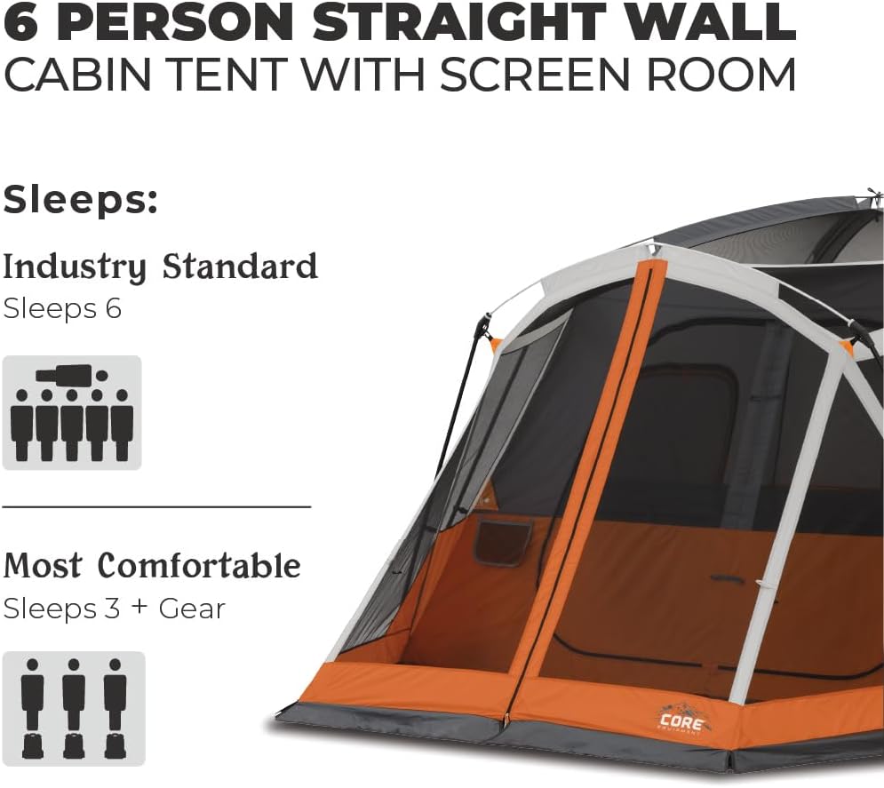 CORE 6 Person Cabin Tent with Screen Room | Portable Family Tent with Carry Bag for Outdoor Car Camping | Included Gear Loft for Camping Accessories