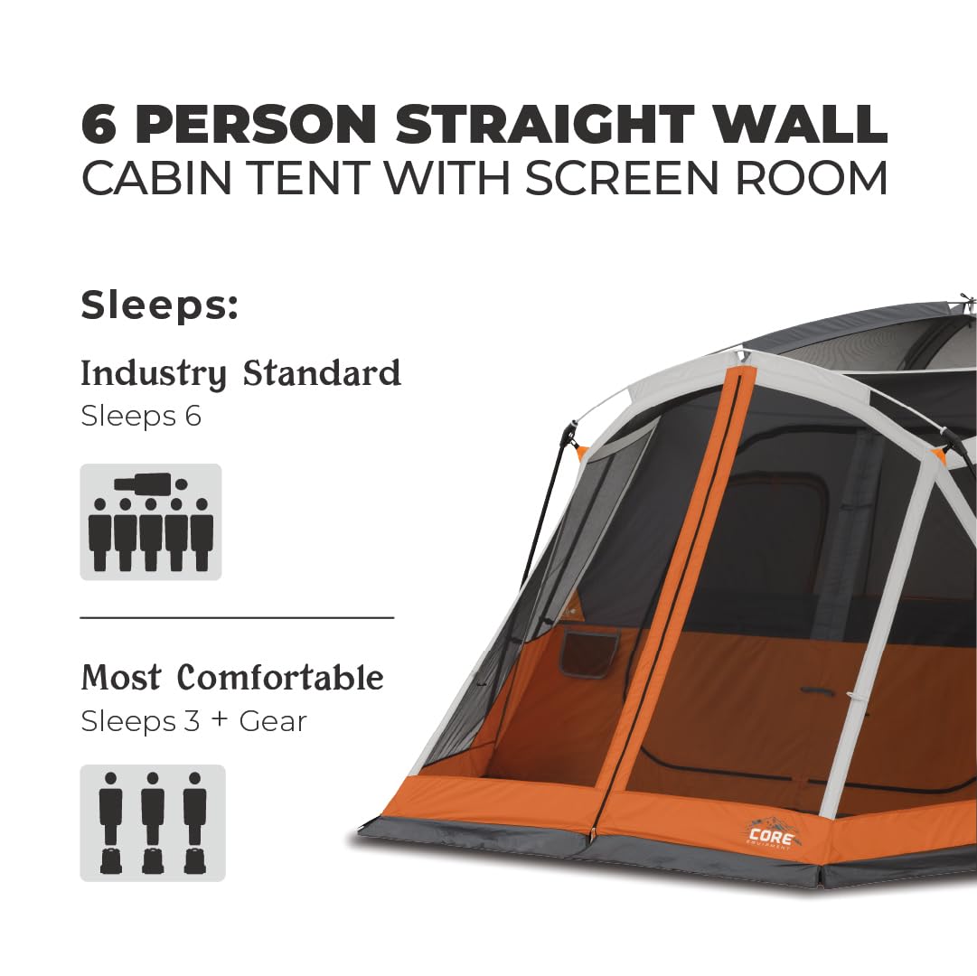 CORE 6 Person Cabin Tent with Screen Room | Portable Family Tent with Carry Bag for Outdoor Car Camping | Included Gear Loft for Camping Accessories