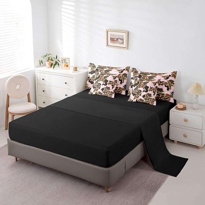 Feelyou Duck Hunter Pink Camouflage Hunting 7 Pieces Bedding Set, Queen Size Black Brown All Season,Bed in a Bag with Comforter, Sheets, Pillowcases Camo Army Bed Set Breathable Wild Room Decor