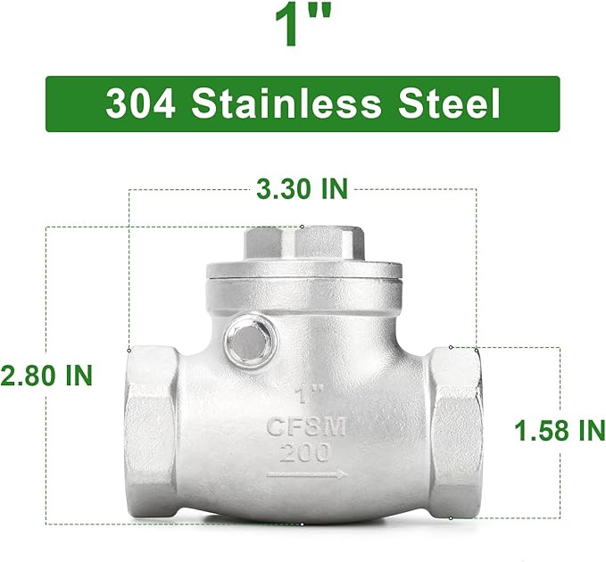 TAISHER 1PCS 304 Stainless Steel 1" Female Swing Check Valve，Backflow Prevention, One Way Check Valve CF8 WOG 1000