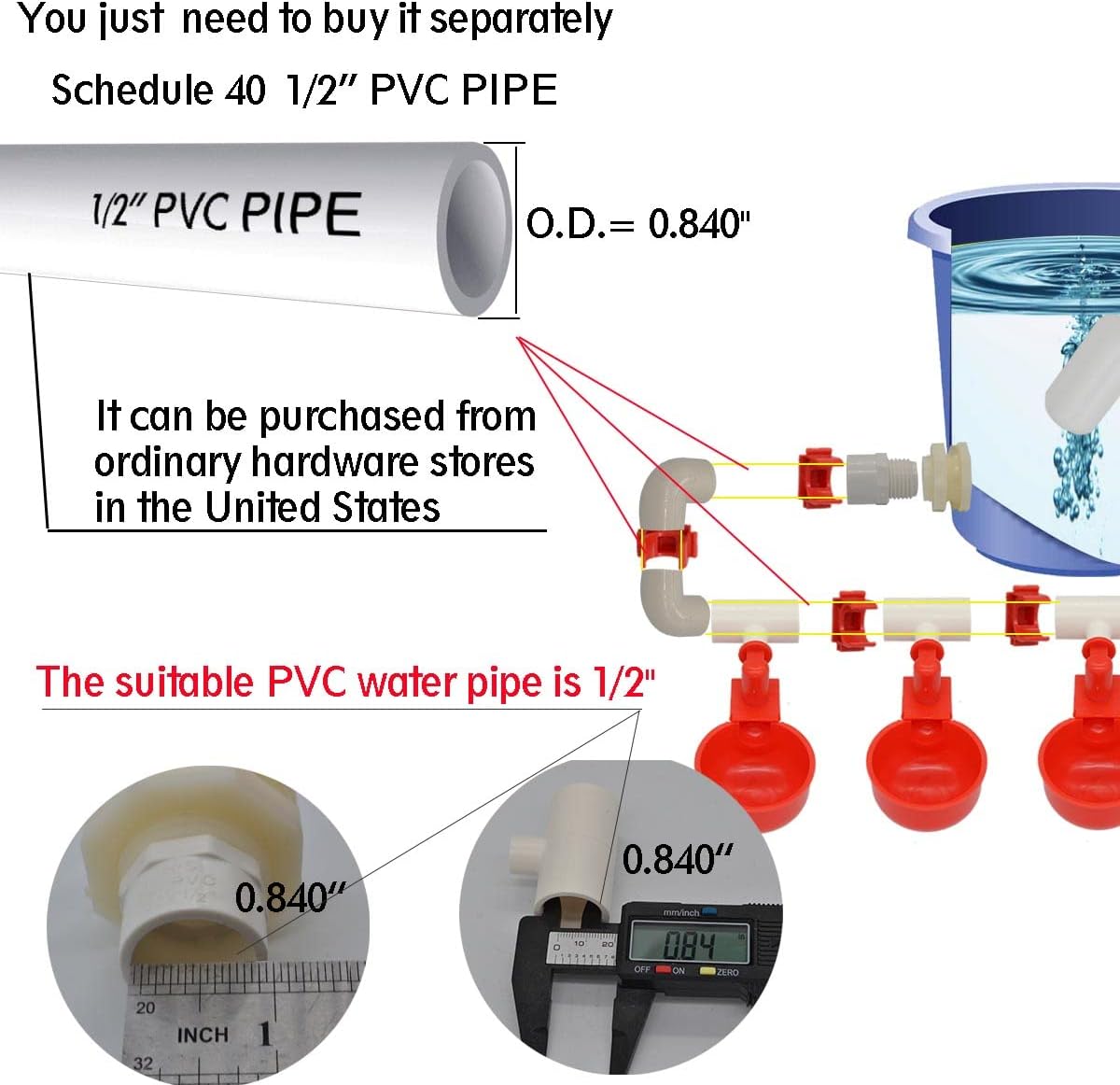 Complete Set Pipeline Automatic Chicken Nipple Waterer Cups and 1/2" PVC Tee Fittings Pipe Feeder Poultry Waterer Chicken Waterer pourtly Water Cup Durck Watering System