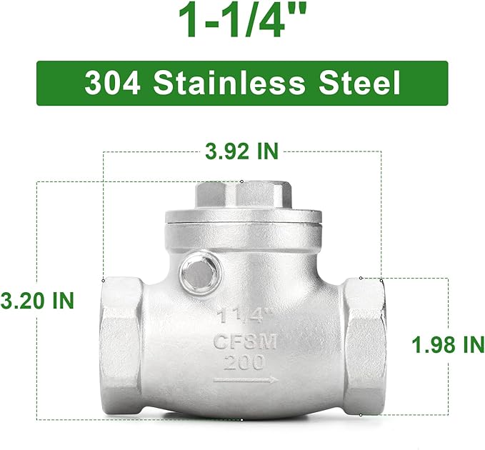 TAISHER 1PCS 304 Stainless Steel 1-1/4" Female Swing Check Valve，Backflow Prevention, One Way Check Valve CF8 WOG 1000