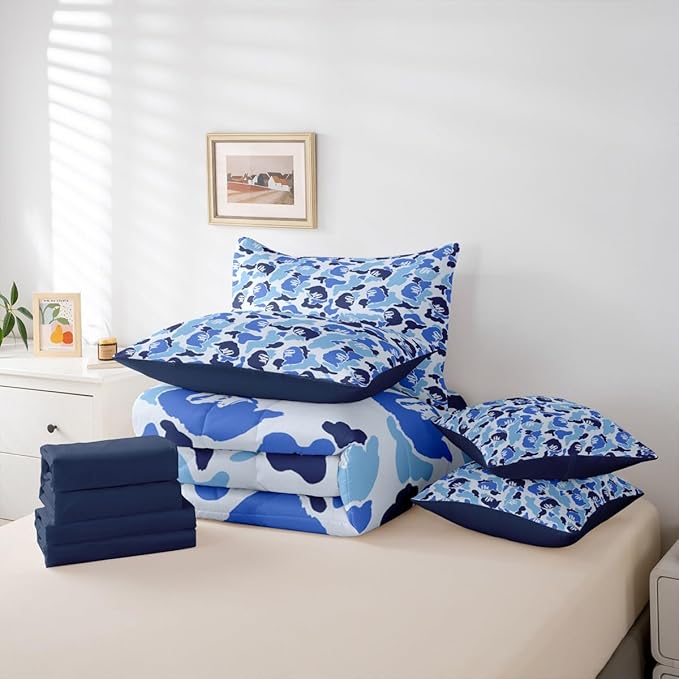 Camo Comforter Set Queen Size 7 Pieces Camouflage Bedding Set for Kids Boys Girls Camo Monkey Bed in a Bag with Comforter, Sheets, Pillowcases, Cushion Covers Hunting Bedroom Decor Blue and Black