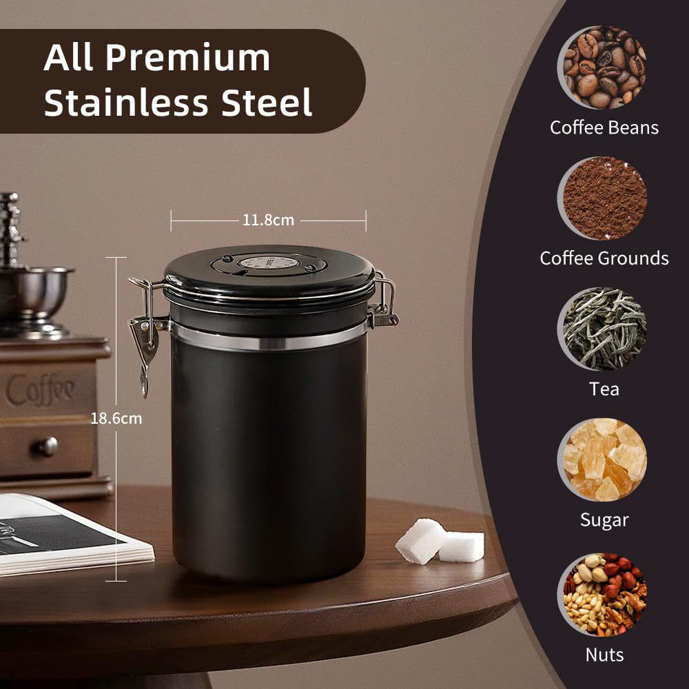 Joywoof Airtight Stainless Steel Coffee Canister,1.8L Coffee Bean Storage Container with Date Tracker and Scoop for Coffee Beans, Grounds, Tea, Flour, Cereal, Sugar, Large (Black)