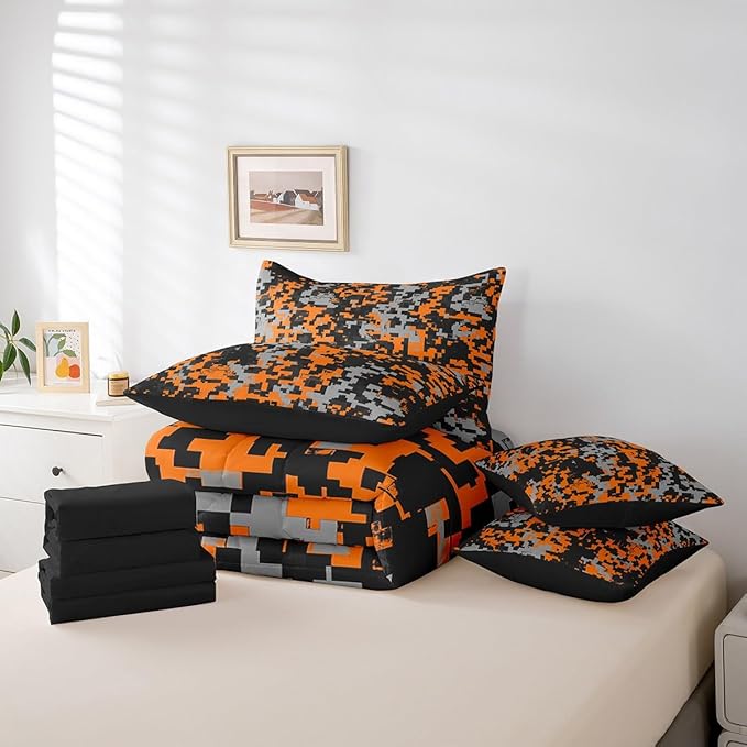 jejeloiu Orange Camouflage Comforter Set with Sheets for Kids Boys Camo Bed in a Bag Twin Size Military Style Vintage Abstract Geometric Disruptive Pattern 7 Pieces Bedding Set Bedroom Decor Soft
