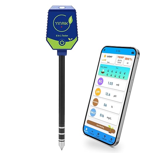 YINMIK pH Moisture Meter Smart Soil Test Kit Garden pH Meter Hygrometer pH Conductivity Meter for Hydroponic 8 in 1 Farm pH Moisture pH Moisture EC Fertility Salt Sunlight Air Humidity Temp Tester