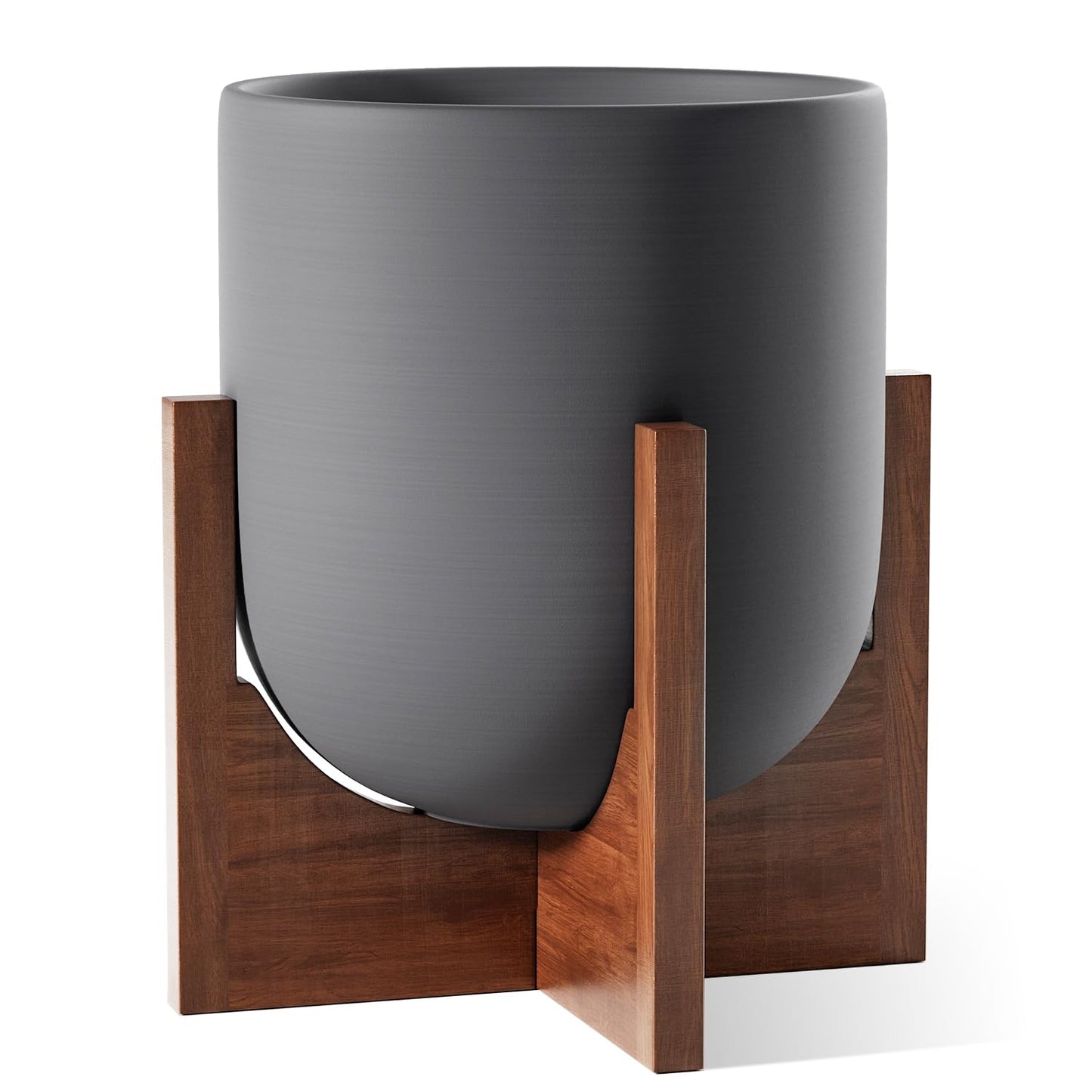 LE TAUCI 12 Inch Planter with Acacia Wood Stand, Ceramic Large Plant Pot for Indoor Plants, Cylinder Pots with Drainage Hole and Plug, Charcoal Gray