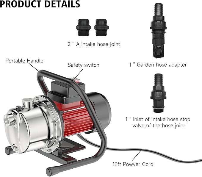 1.6HP Shallow Well Pump, 1300GPH Shallow, Portable water, for Garden Farm Irrigation Lawn, Sprinkler System, transfer pump Remove Standing Water, Landscape Fountain.