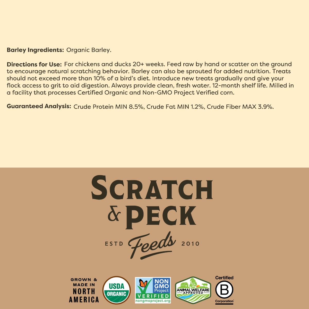 Scratch and Peck Whole Barley Chicken, Duck and Livestock Supplemental Grain - 10 lbs Bag - 8.5% Protein, Certified Organic and Non-GMO Project Verified Chicken Food