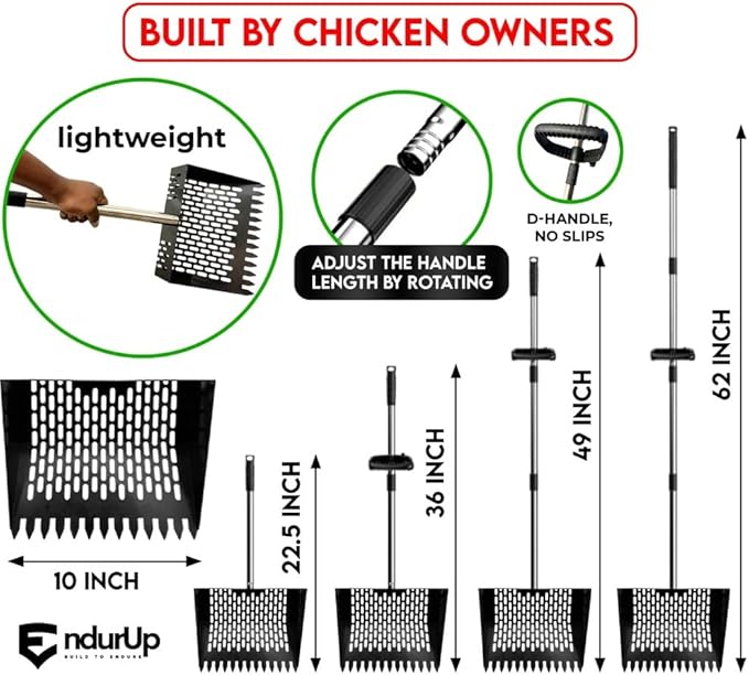 Chicken Poop Scoop & Coop Rake with Gloves – Back-Saving Sand Sifter Shovel, Adjustable Metal Litter Pooper Scooper Long Handle for Chicken Coop Cleaning and Pet Waste
