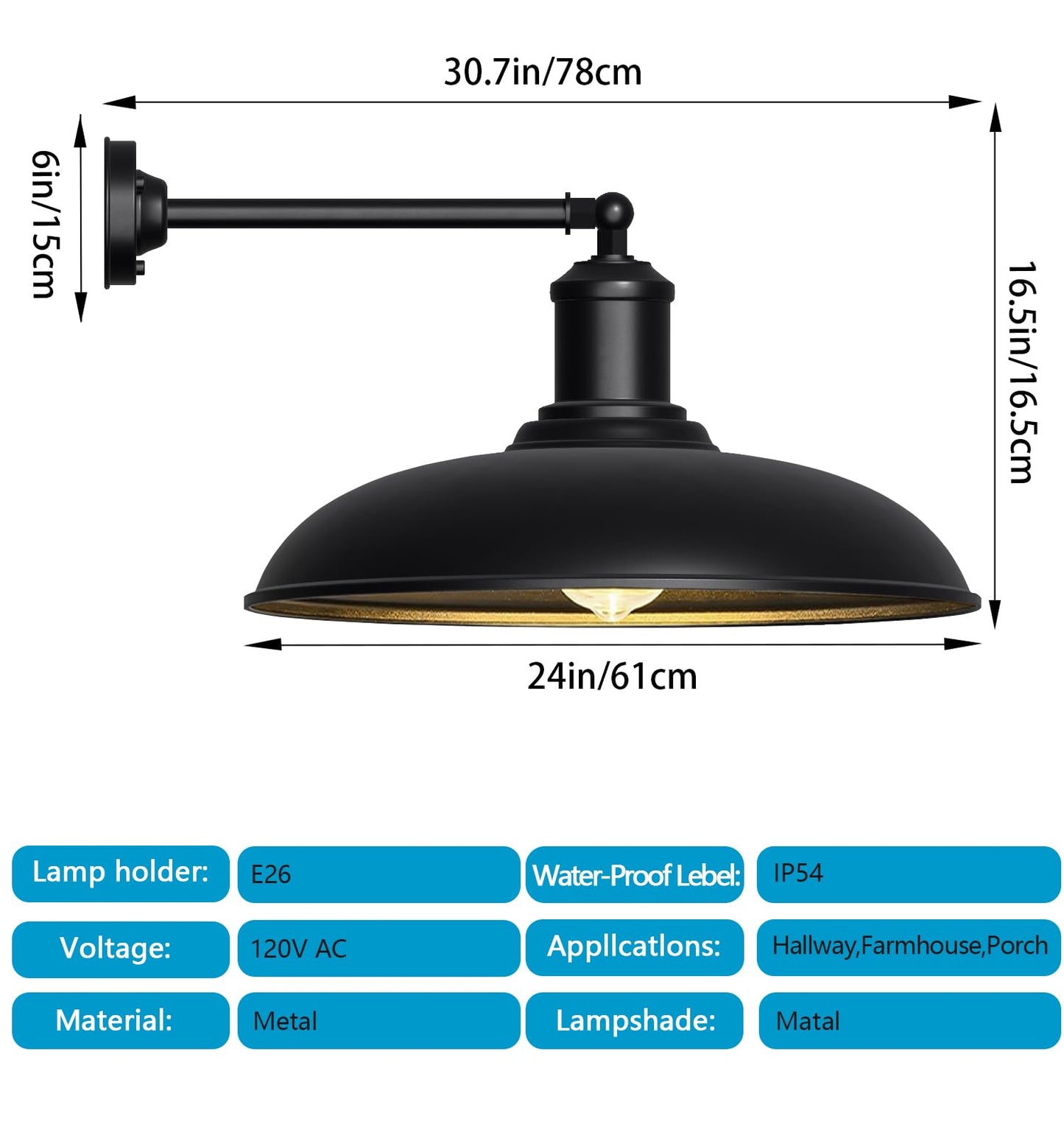 DENGNBJ 24" Oversized Gooseneck Barn Light 24 Inch, Waterproof and Rustproof Farmhouse Wall Mount Outdoor Light Fixture for Porch, Garage, Patios 2-Pack