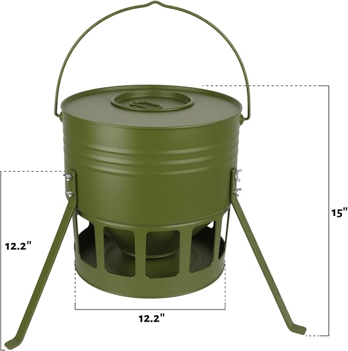 Metal Chicken Feeder - 20lbs Ground Poultry Feeder with 12 Ports, Powder Coated Rust-Proof Design & Smooth Edges for Safe Feeding (Avocado Green, 20lbs)