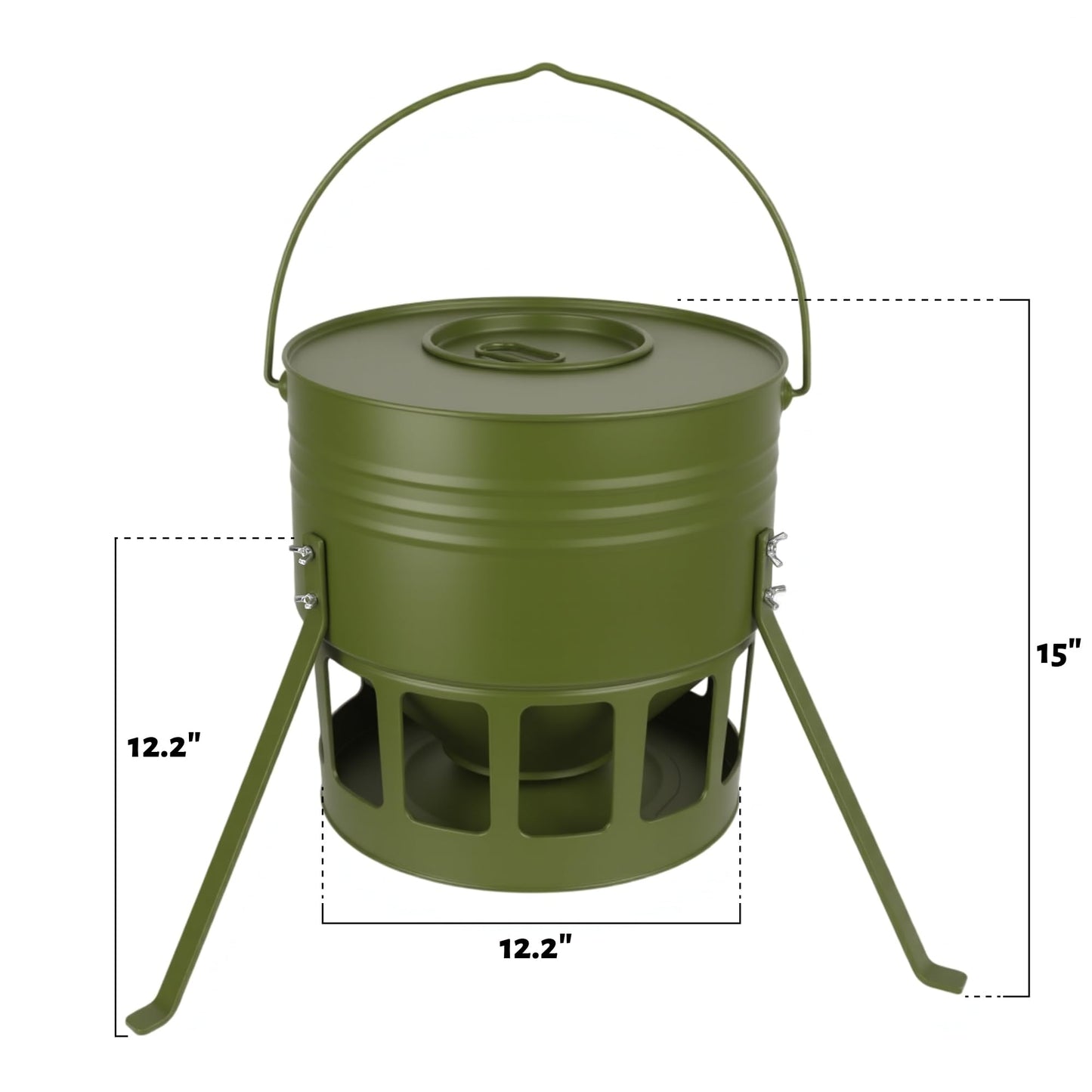 Metal Chicken Feeder - 20lbs Ground Poultry Feeder with 12 Ports, Powder Coated Rust-Proof Design & Smooth Edges for Safe Feeding (Avocado Green, 20lbs)