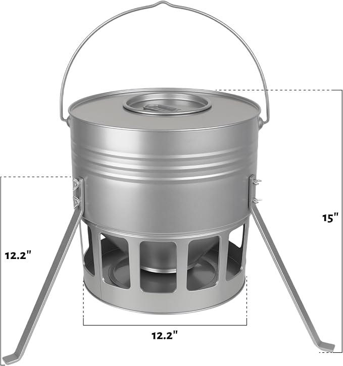 KOL Metal Chicken Feeder - 20lbs Ground Poultry Feeder with 12 Ports, Powder Coated Rust-Proof Design & Smooth Edges for Safe Feeding (Silver)