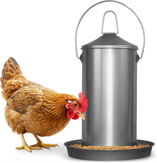 Plexon 8.8 Lb Stainless Steel Hanging Chicken Feeder no Waste Food-Grade - Duck Turkey Poultry Feeder for Chicken Metal - Heavy Duty Reliable Long-Lasting with Handle