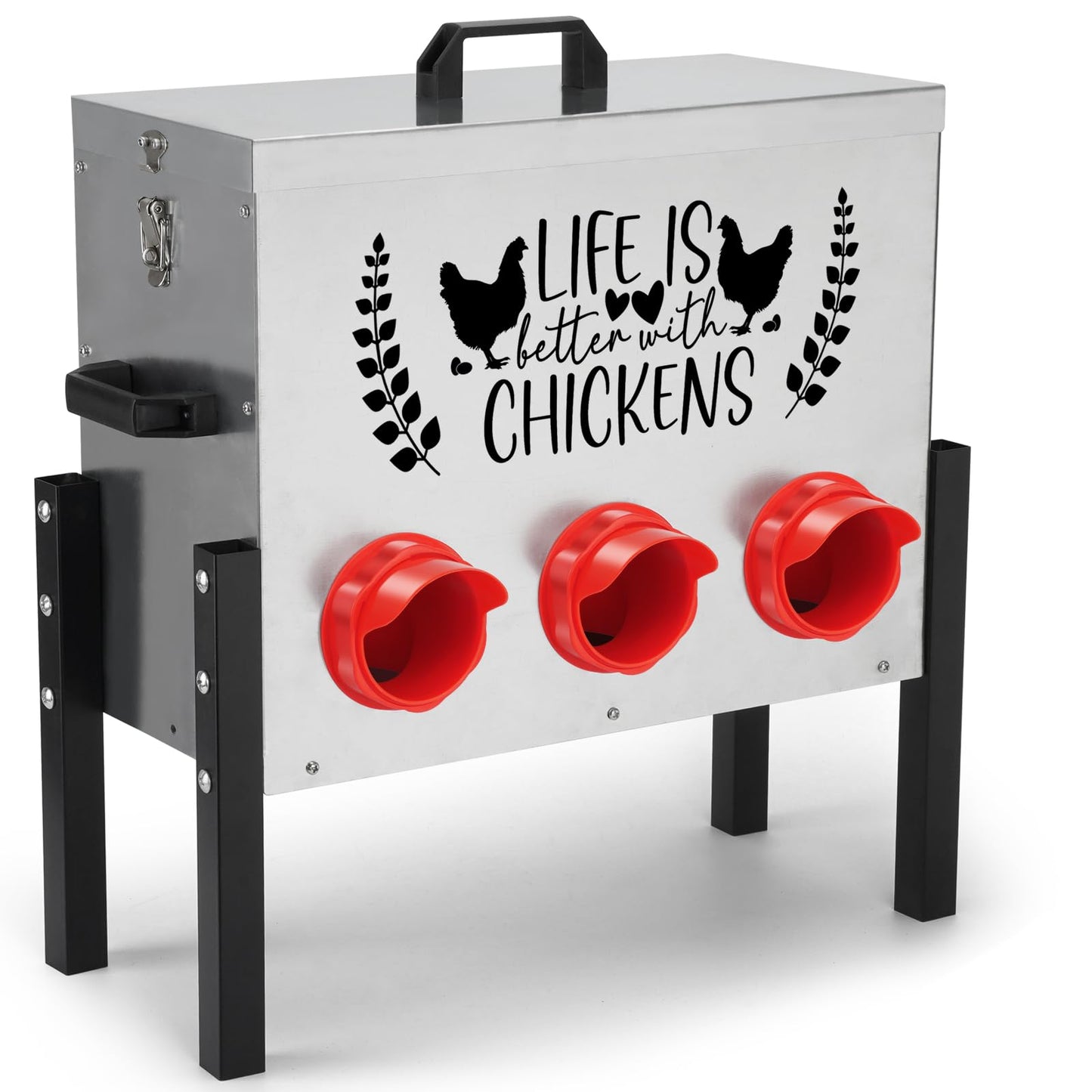 ‎Tgeyd Chicken Feeder Box 30 lbs Galvanized Metal, 6 Feeding Ports, Comes with Metal Feeder Box Stands for Chickens, Ducks, Geese