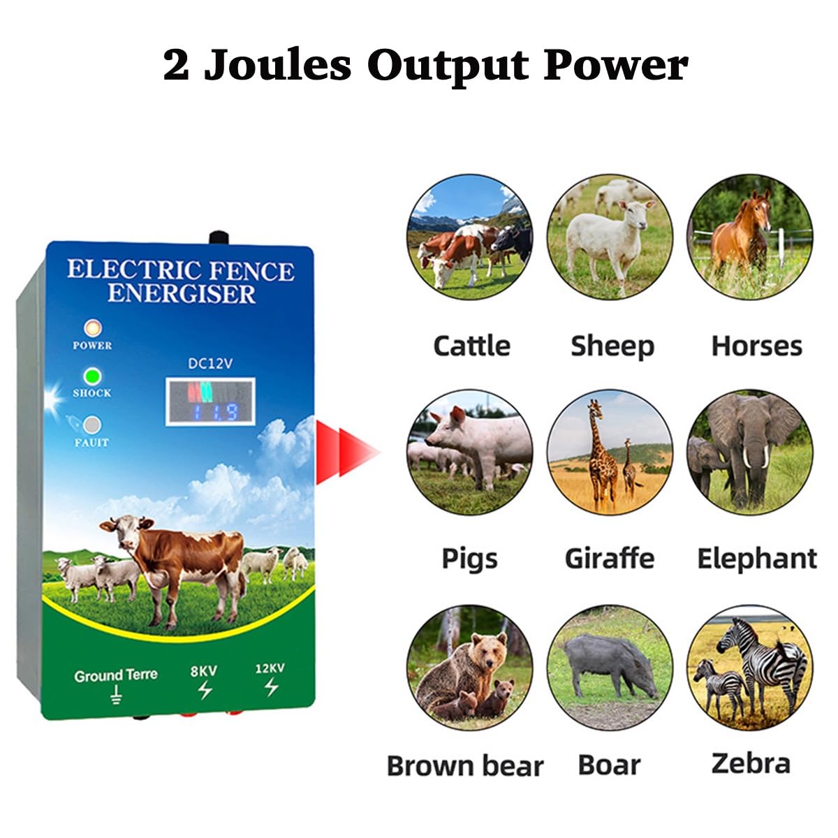 6 Mile Electronic Fence Charger, DC/AC/Solar Electric Fence Energizer, VQP 8KV 12KV 2J Output with LED Display for Large Wildlife Cattle Horses Goats Livestock Poultry Garden Orchard Ranch