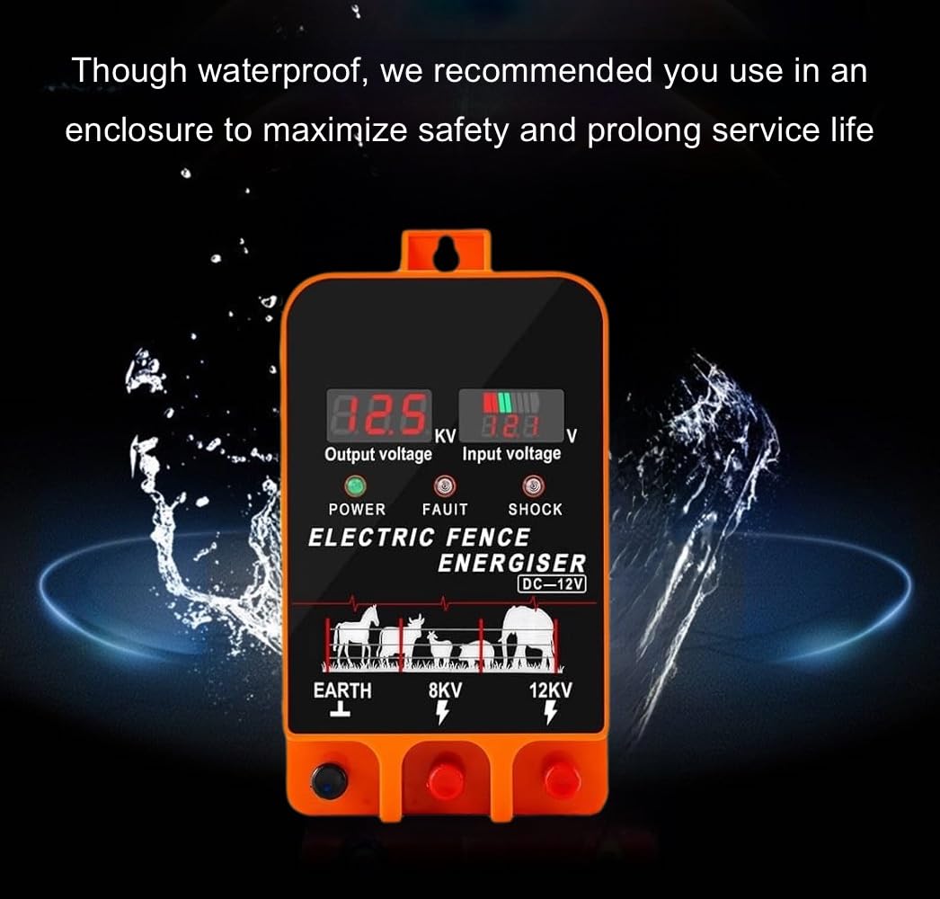 Electric Fence Energizer, 5.5 Joules 200 Acres Electric Fence Charger, AC & DC Power Supply, Output 8KV 12KV for Cattle Cow Horse Goat Pig Livestock, with Alarm and Remote